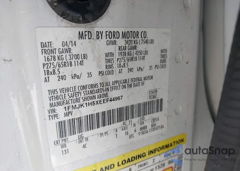 2014 Ford Expedition El Xlt z USA, uszkodzony, nr VIN 1FMJK1H5XEEF44967